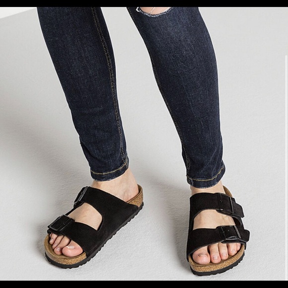 Arizona suede sandals in black - Birkenstock 1774 | Mytheresa Black Arizona Suede leather BIRKENSTOCKS